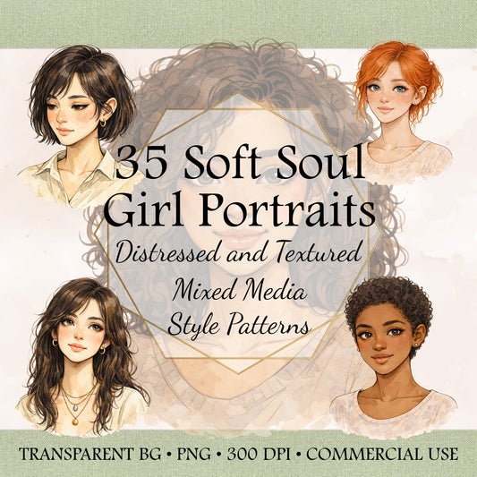 35 Soft Soul Girl Portraits: Distressed & Textured Mixed Media Style Patterns – PNG Bundle