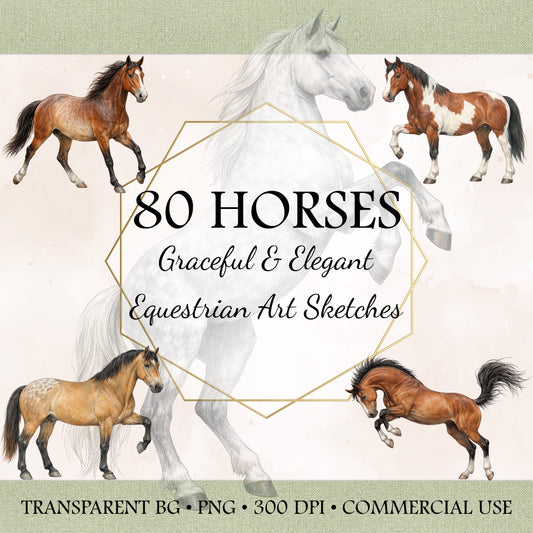 80 Horse Clipart Bundle • Equestrian Art Sketches • Commercial Use PNG