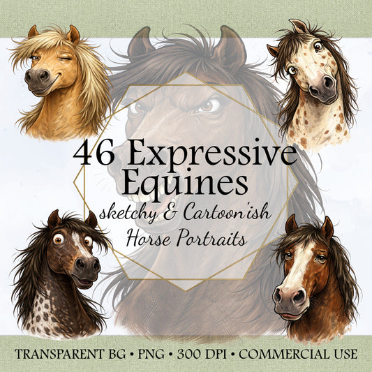 46 Expressive Equines: Sketchy & Cartoon’ish Horse Portraits – PNG Bundle