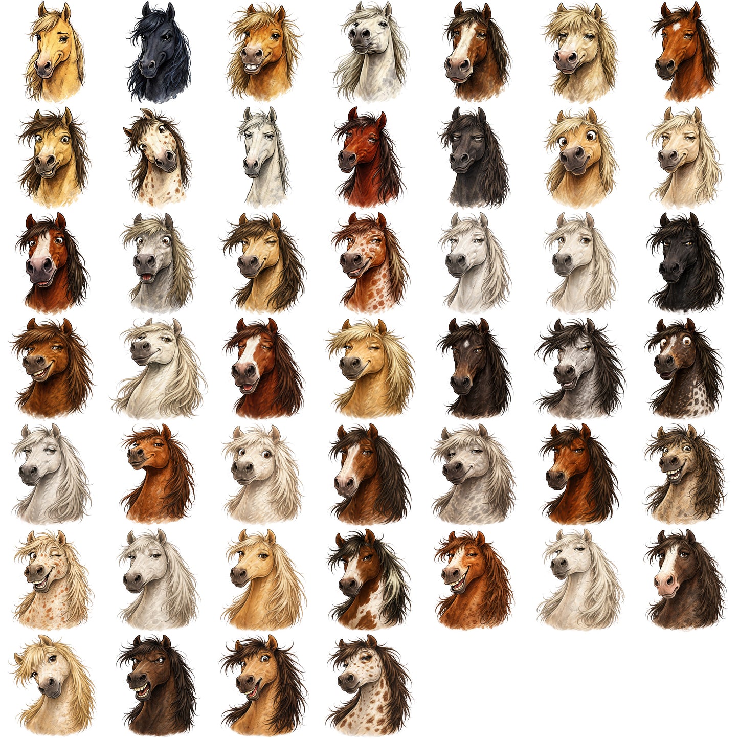 46 Expressive Equines: Sketchy & Cartoon’ish Horse Portraits – PNG Bundle