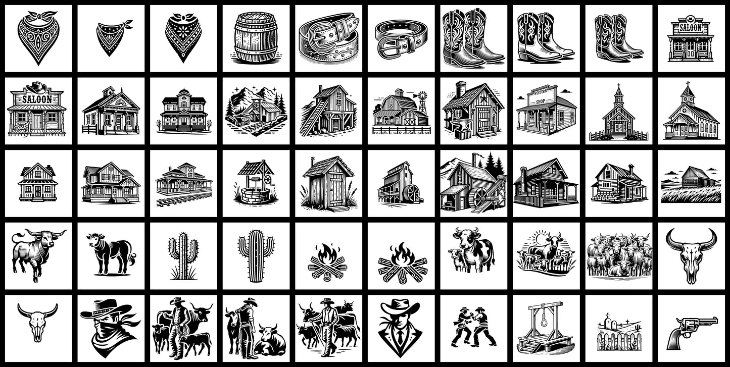 Saddle Up with these 100 silhouette Cowboy Western Theme Illustrations: Perfect for Clipart, Print, Cutting and other Graphic Design Projects